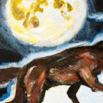 An illustration of a wolf with a large full moon floating in the background.
