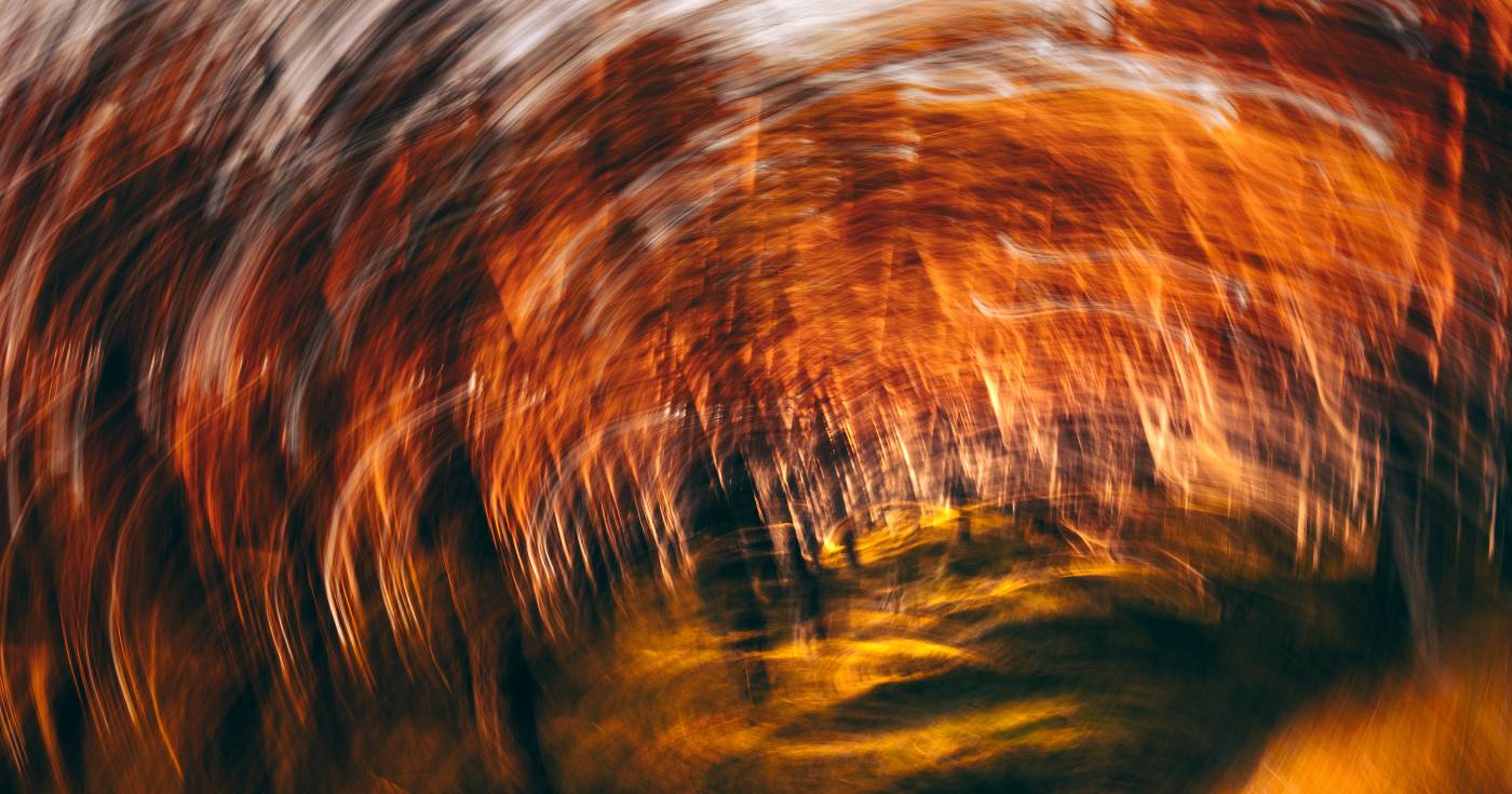 Blurred abstract photo in shades of brown, red, orange, and yellow, by Marek Piwnicki.